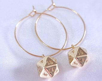 Thin Delicate Gold Hoop Dice Earrings, Hypoallergenic 18k Plated 1" Hoops, D20 DICE