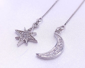 Sterling Silver Moon and Star Asymmetrical Threader Earrings