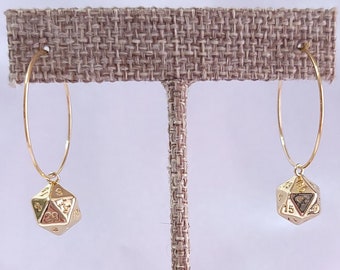 Thin Delicate Gold Hoop Dice Earrings, Hypoallergenic 18k Plated 1&quot; Hoops, D20 DICE