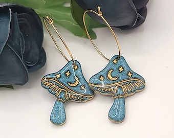 Mystical Teal Mushroom Earrings, MUSH HOOP T, 1" Thin Delicate Hoops, Hypoallergenic Stainless Steel