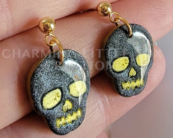 Boucles d’oreilles Dark Grey Skull Post, hypoallergéniques, SKULL E1, Clip On Option disponible