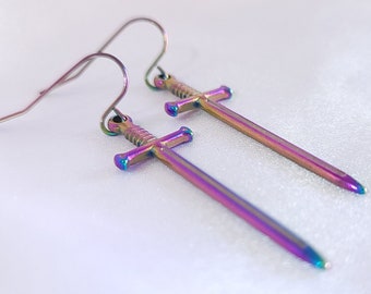 Rainbow Longsword Earrings, RBWITCH, Hypoallergenic Hook, Clip On Option Available