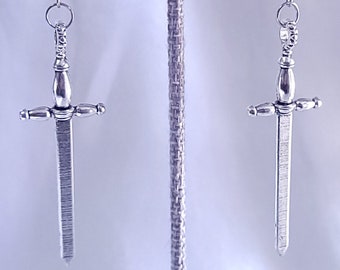 Silver Longsword Earrings, WITCH, Hypoallergenic Hook, Clip On Option Available