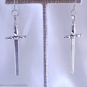 Silver Longsword Earrings, WITCH, Hypoallergenic Hook, Clip On Option Available