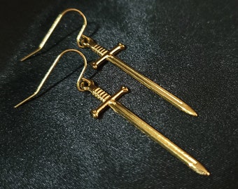 Gold Longsword Earrings, GWITCH, Hypoallergenic Hook, Clip On Option Available