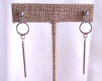 KPOP Silver Earrings: Stainless Steel Post, Circle Bar Drop