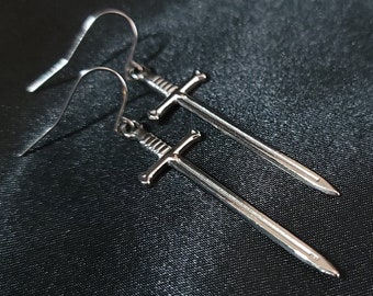 Silver Sword Earrings, SWITCH, Hypoallergenic Hook, Clip On Option Available