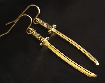 Gold Katana Sword Earrings, Hypoallergenic, Non-Pierced Option Available