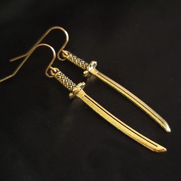 Gold Katana Sword Earrings, GBASIC, Hypoallergenic, Non-Pierced Option Available