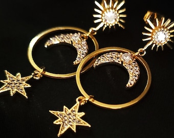 Gold Celestial Sun Moon and Star Earrings, CELESTIAL, Hypoallergenic