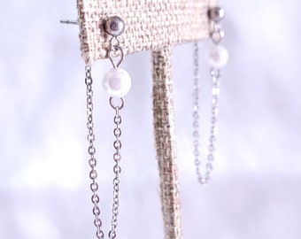 White Pearl and Silver Chain Loop Earrings, PEARLCHAIN, Stainless Steel, Clip On Option Available