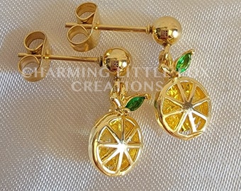 Small Cubic Zirconia Lemon Slice Earrings, Hypoallergenic Dangle Stud, Clip On Option Available