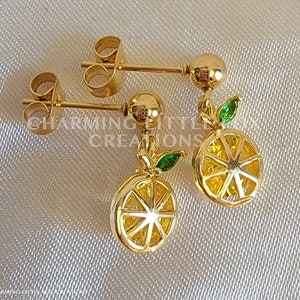Minimalist Cubic Zirconia Lemon Slice Earrings, Hypoallergenic Dangle Stud, Clip On Option Available