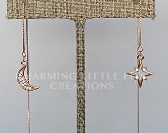 Rose Gold Moon and Star Asymmetrical Threader Earrings, Rose Gold Plated Sterling Silver and Cubic Zirconia, PMOONE2