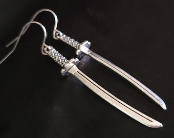 Silver Katana Sword Earrings, SBASIC, Hypoallergenic, Non-Pierced Option Available