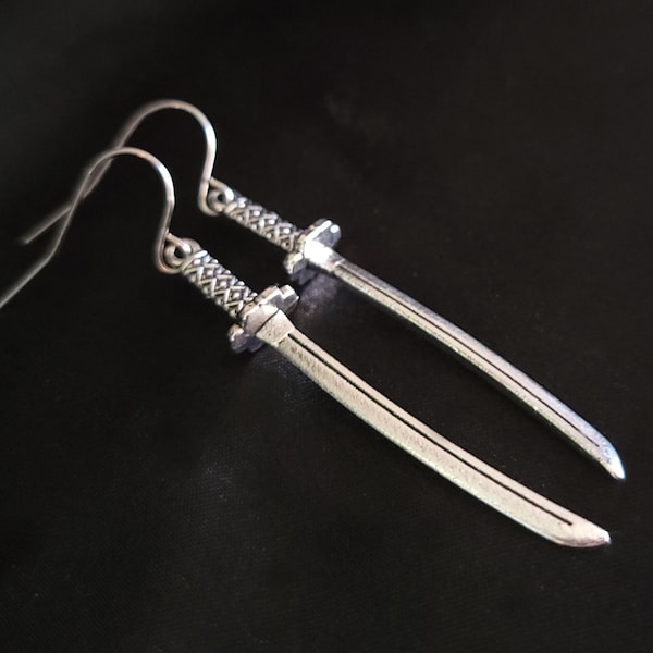 Silver Katana Sword Earrings, SBASIC, Hypoallergenic, Non-Pierced Option Available