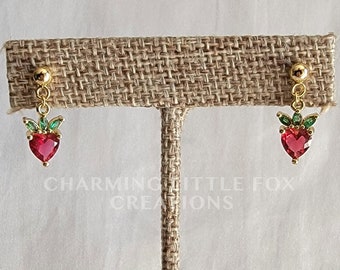 Small Cubic Zirconia Strawberry Earrings, Hypoallergenic Dangle Stud, Clip On Option Available