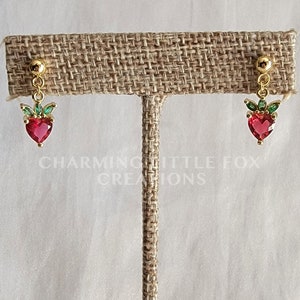 Small Cubic Zirconia Strawberry Earrings, Hypoallergenic Dangle Stud, Clip On Option Available