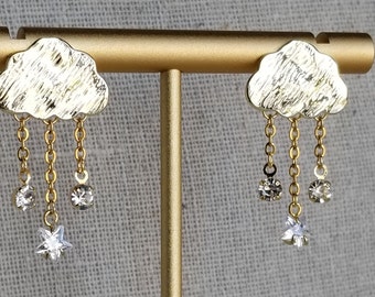 Golden Cloud Celestial Rain Earrings, Inspired by RM's Forever Rain, Hypoallergenic 18k Gold Plated Post Earring, STAR RAIN