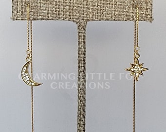 Gold Moon and Star Asymmetrical Threader Earrings, GMOONE2, 18k Gold Plated Sterling Silver and Cubic Zirconia