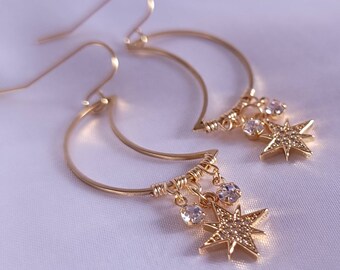 Wire Wrapped Moon with Stars, GMOONE1, Unique Moon and Star Earrings, Hypoallergenic