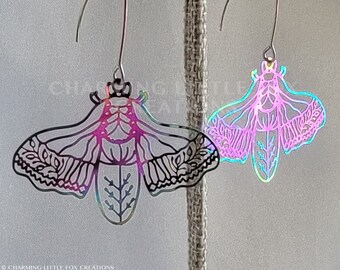 Rainbow Stainless Steel Cicada Moth Dangle Earrings, Hypoallergenic, Clip On Option Available