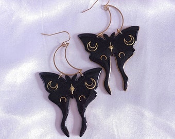 Shimmer Black Luna Moth Earrings, LUNAMOTH, Large Statement Earrings, Hypoallergenic