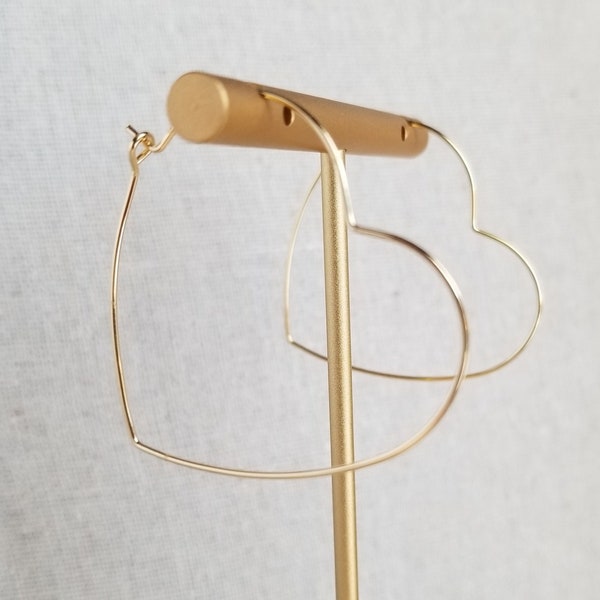 Thin Delicate Gold Heart Hoop Earrings, Hypoallergenic 18k Plated Statement Hoops, 1.5" Heart Shaped, HEART HOOPS G1