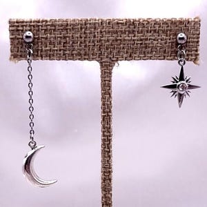 Silver Crescent Moon and Rhinestone Star Asymmetrical Earring Set, Clip On Option Available