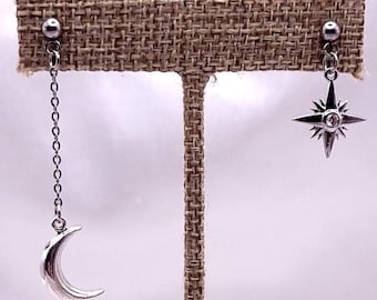 Silver Crescent Moon and Rhinestone Star Asymmetrical Earring Set, Clip On Option Available