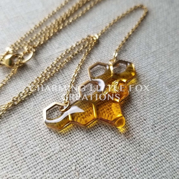 Gold Dripping Honey Necklace, HGN1, Honeycomb Bee Hypoallergenic Stainless Steel,