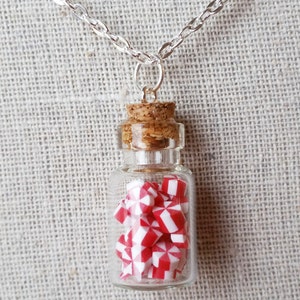 May include: A silver chain necklace with a small glass bottle pendant filled with red and white candy canes. The bottle has a cork stopper.