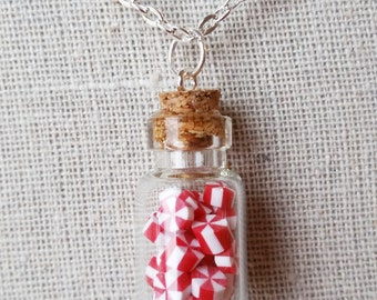 Miniature Peppermints in a Jar, Candy Jar, Glass Bottle Necklace, Miniature Food Jewelry, XMAS N2