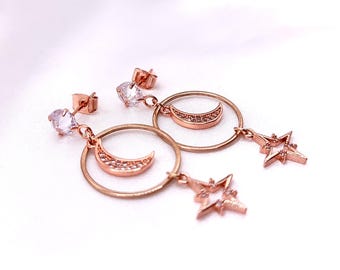 Rose Gold Moon and Star Earrings, Cubic Zirconia Studs