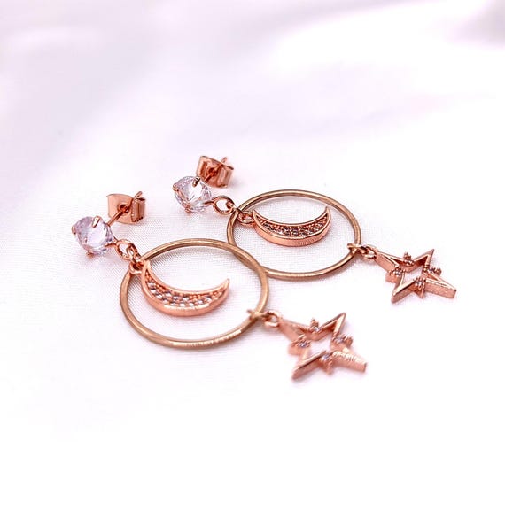 Orecchini a forma di luna e stella in oro rosa, borchie in zirconia cubica - Italia