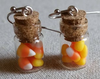 Candy Corn in Jar Glass Bottle Earrings, Hypoallergenic, Miniature Food Jewelry, HALL E1