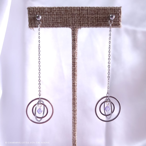 Universe Long Earrings, Lavender Purple Crystal, Clip On Option Available