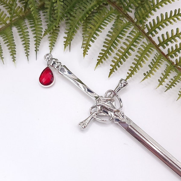 Silver Long Sword Style Hair Stick with Red Jewel, 9 Inch, For Thick Hair