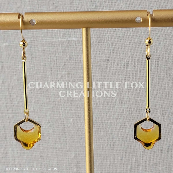 Gold Dripping Honeycomb Earrings, HGE2, Bee Honey Stainless Steel Hypoallergenic Earrings, Non-Pierced Option Available