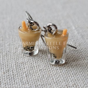 Realistic Milk Tea Boba Dangle Earrings, Miniature Food Jewelry, Hypoallergenic Ear Hook