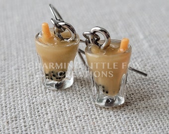 Realistic Milk Tea Boba Dangle Earrings, Miniature Food Jewelry, Hypoallergenic Ear Hook