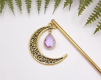 Gold Crescent Moon Hair Stick with Lavender Purple Teardrop Gem, Hair Accessories