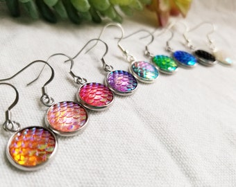 You Choose Mermaid and Dragon Scale Fantasy Earrings, Hypoallergenic Stainless Steel Dangle, Non Pierced Option Available, SCALE EAR