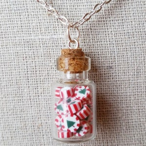 Christmas peppermint taffy in Candy Jar, Glass Bottle Necklace, Miniature Food Jewelry, XMAS N1