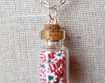 Christmas peppermint taffy in Candy Jar, Glass Bottle Necklace, Miniature Food Jewelry, XMAS N1