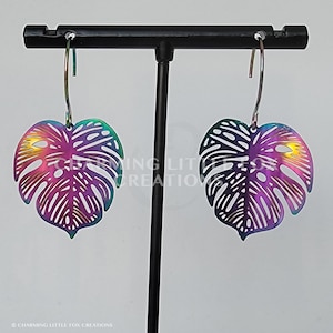 Rainbow Stainless Steel Monstera Leaf Dangle Earrings, Hypoallergenic
