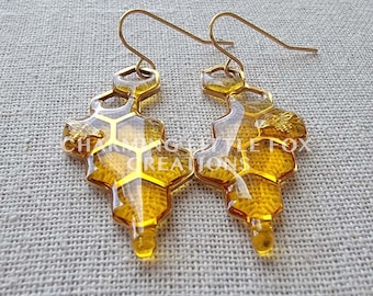 Gold Dripping Honeycomb Earrings, HGE4, Hypoallergenic Statement Earrings, Non-Pierced Option Available