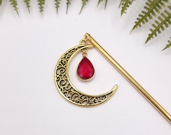 Gold Crescent Moon Hair Stick with Red Teardrop Gem, Hair Accessories