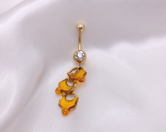 Gold Dripping Honeycomb Belly Ring, HGBR1, Hypoallergenic Barbell