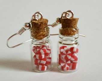 Christmas Peppermints in Candy Jar Glass Bottle Earrings, Hypoallergenic, Miniature Food Jewelry, XMAS E2